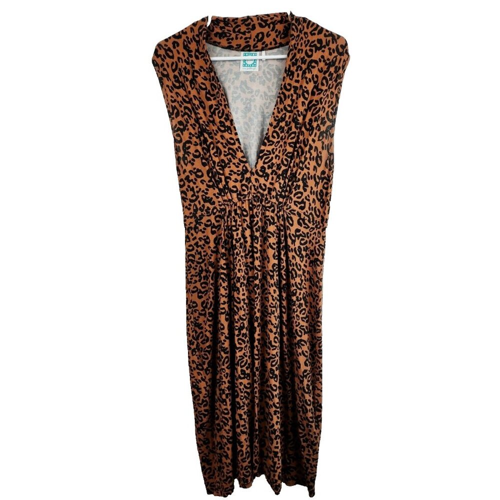 Vera Fishbaugh Womens Midi Dress Large Brown Leopard Print V-Neck‎ Sleeveless